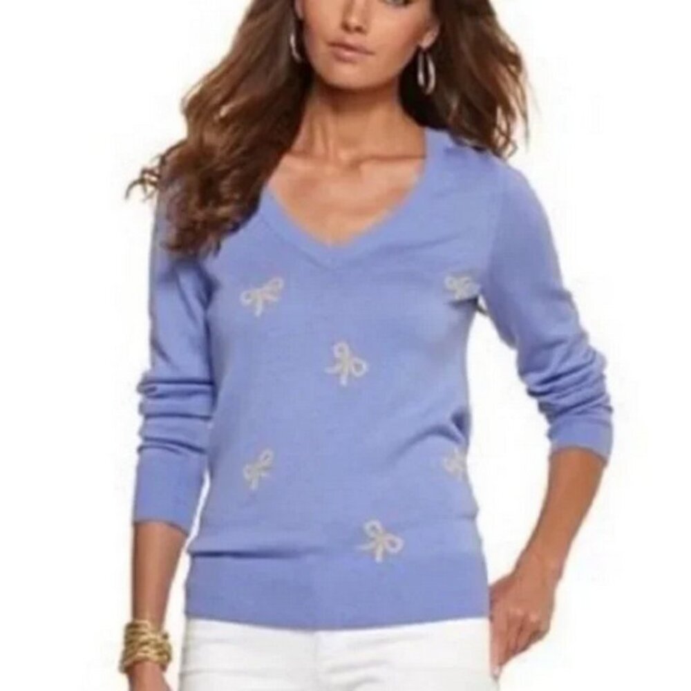 Chic Blue Sweater with Bow Lilly Pulitzer Ana Light Iris Gold Bow Sweater